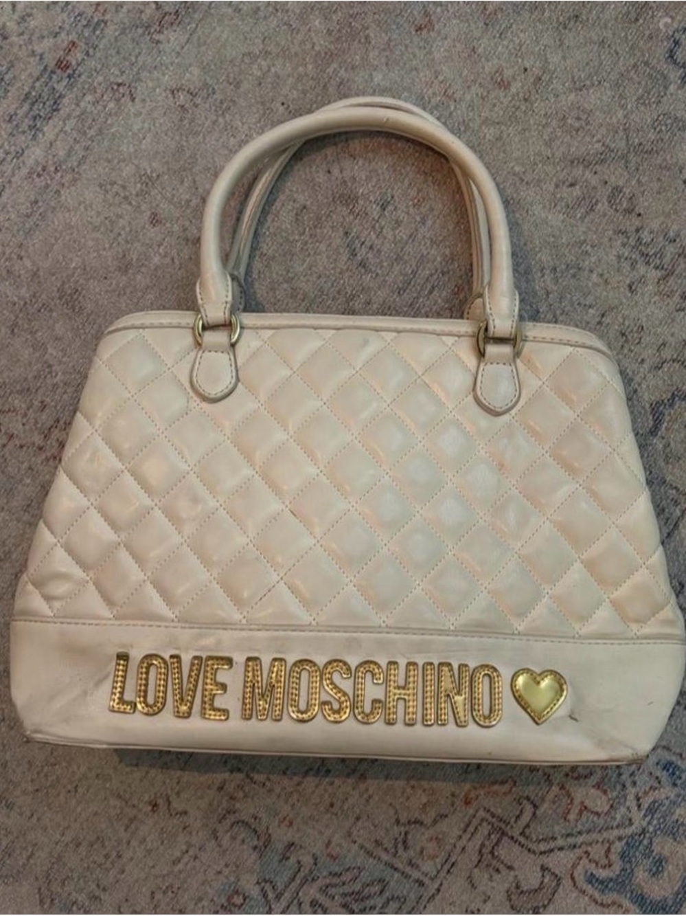 Love Moschino Cream Quilted Satchel with Gold Logo